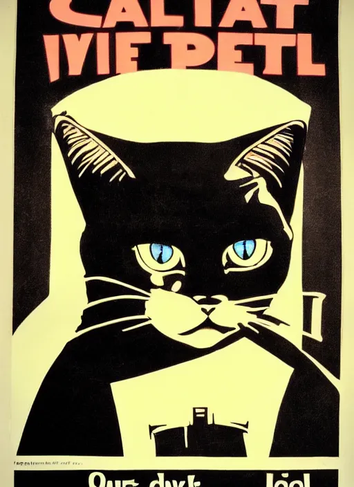 Image similar to a propaganda poster depicting a cat looking like darth vader