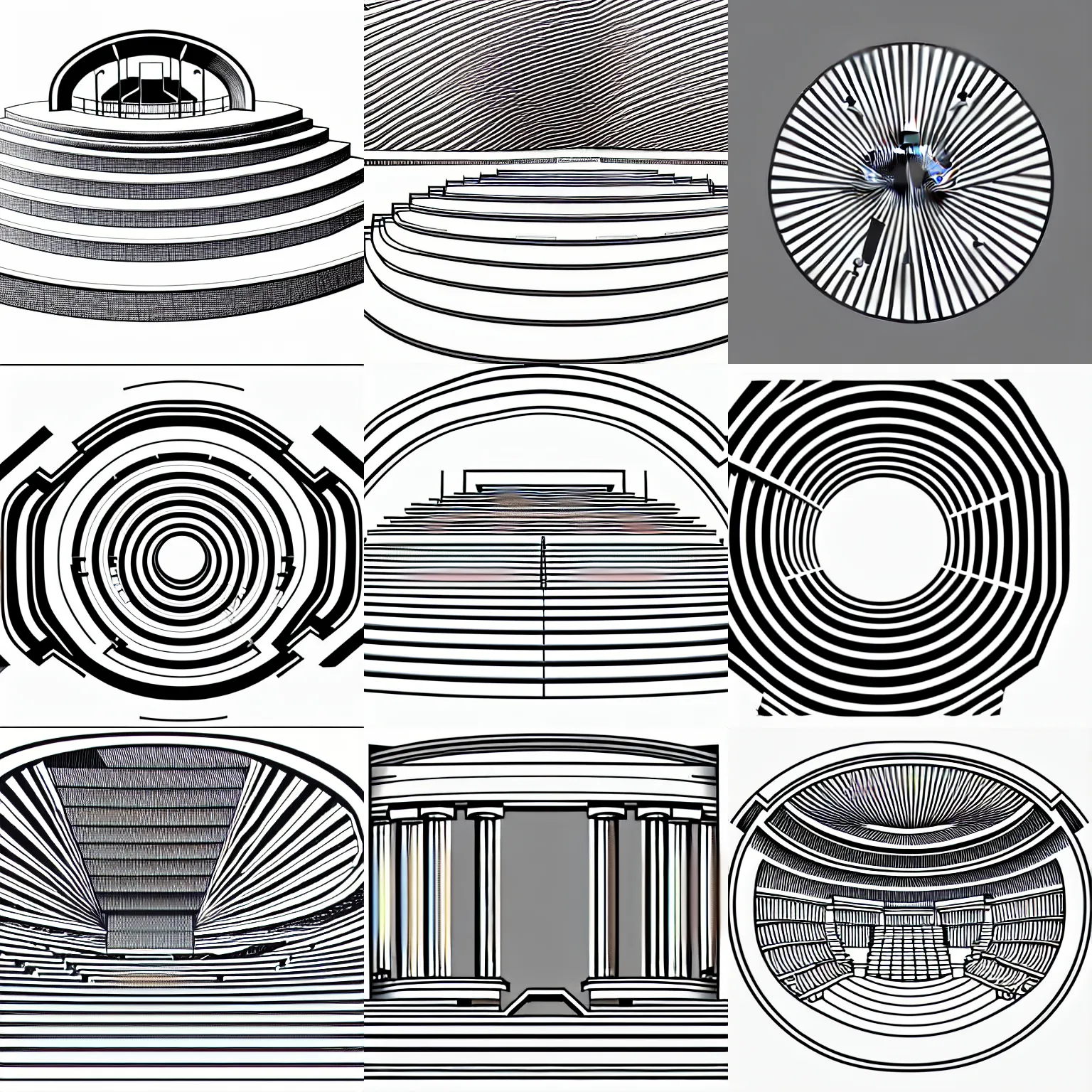 Prompt: a stephen biesty cross - section through the stairs of a simplified!!!!! smooth grey shaded ancient greek amphitheater line drawing logo in the style of pavlov visuals, precise! vector trace, 3 / 4 extra - wide shot, occlusion, white background