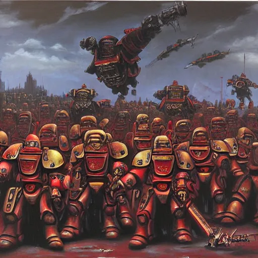 Image similar to a painting of red spacemarines from Warhammer 40000 by Banksy