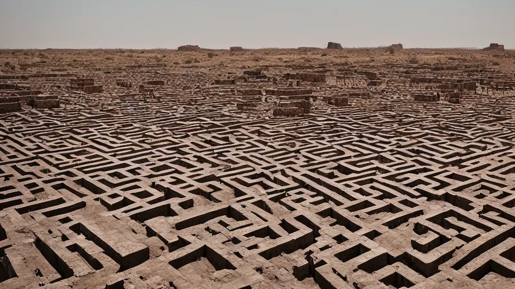 Prompt: ancient ruins of a giant maze in the desert, photography by zhang kechun