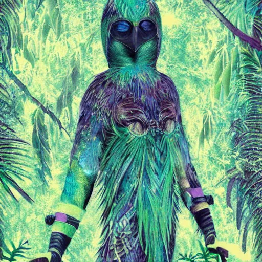 Image similar to mystical folk birdhuman character on a tropical forest, realistic proportions, hyper realism, mystic painting, glitch art, poster art, japanese design