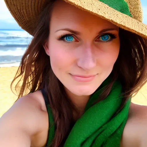 Prompt: Selfie photograph of a cute and beautiful woman with long shiny bronze brown hair and green eyes, 8k, natural lighting, beach background, medium shot, mid-shot,