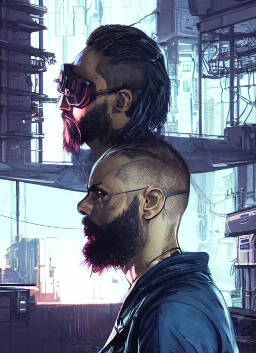 Image similar to dangerous Ezra. smug cyberpunk hacker with a beard and cyberpunk eyepiece. attractive face. Realistic Proportions. Concept art by James Gurney and Laurie Greasley. Moody Industrial skyline. ArtstationHQ. Creative character design for cyberpunk 2077.