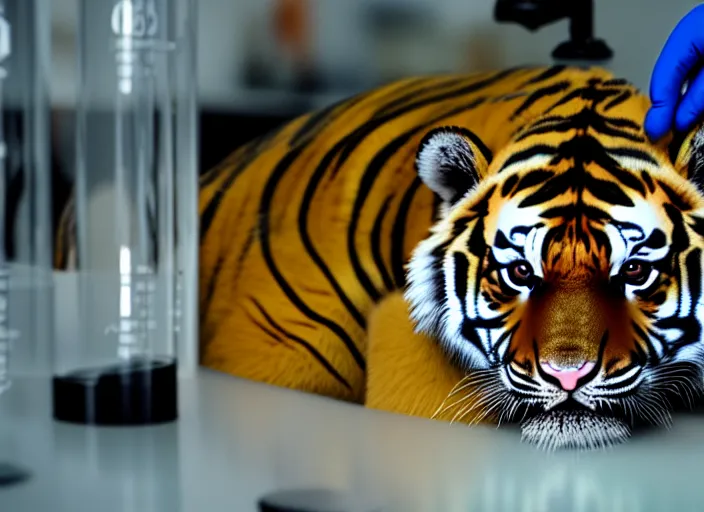 Image similar to film still of a tiger cub working in a research lab filling test tubes, 8 k