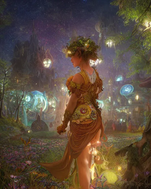 Image similar to girl in solarpunk fantasy village, evening, 4 k, ultra realistic, detailed, epic lighting, starry sky, magical, glowing forest, mushrooms, machines, high detail, masterpiece, trending on artstation by artgerm and akihito tsukushi and alphonse mucha