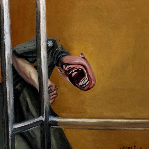 Image similar to a screaming prisoner holding prison bars, realism old painting, oil painting