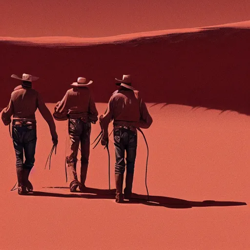 Prompt: group of cowboys walking through the red martian desert, retrofuturism sci - fi old movie, highly detailed, photorealistic, 8 k, by beksinski and stalenhag