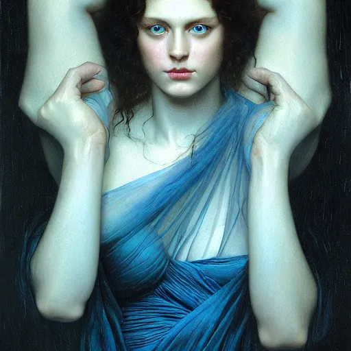 Image similar to highly detailed oil painting | very intricate | cinematic lighting | award - winning | beautiful blue eyes emerging from total darkness, black background | by roberto ferri, by tom bagshaw, by j. c. leyendecker and klimt, beautiful cinematic light, american romanticism, by austin osman spare, artstation, cgsociety, official art, octane