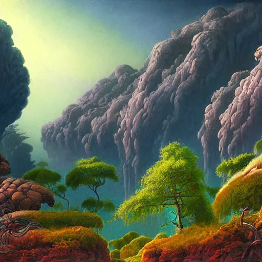 Image similar to digital painting of a lush natural scene on an alien planet by gerald brom. ultra sharp high quality digital render. detailed. beautiful landscape. colourful weird vegetation. cliffs and water.