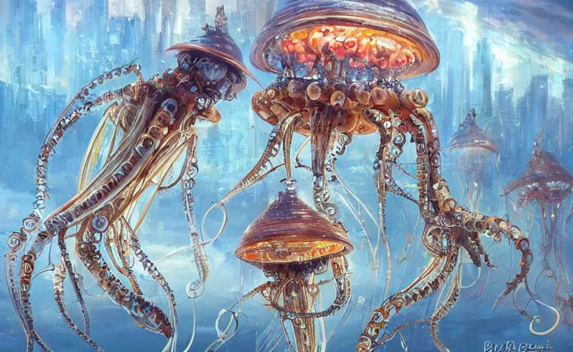 Image similar to Cyborg biomechanical jellyfish city. By Konstantin Razumov, highly detailded