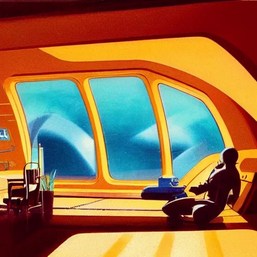 Image similar to Cozy interior of a spaceship, teal lighting, cozy lighting, space seen outside from a window, by Syd Mead, John Harris, Federico Pelat