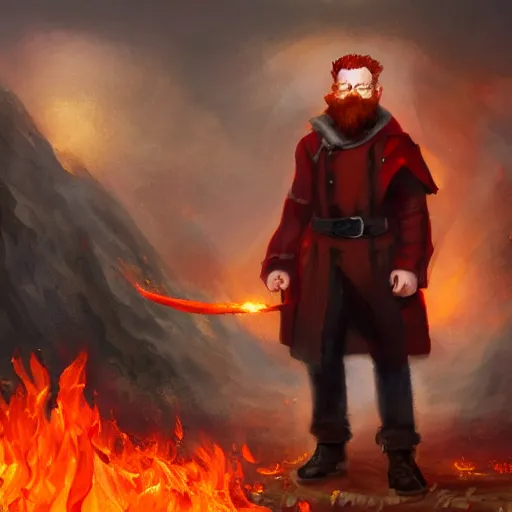 Image similar to grumpy young red haired man with red beard, wearing black coat, fire behind him, fire, fire mage, shooting fire, oil painting, fantasy artwork, fantastic artwork, 4 k, trending on artstation