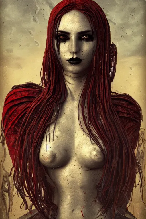 Image similar to portrait of beautiful young gothic maiden, warhammer, a lot of scars, red lips, the middle ages, highly detailed, artstation, illustration, art by max ernst, 8 k quality