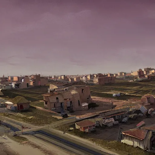 Prompt: matte painting of spain small town in the steppes by simon stolenhag