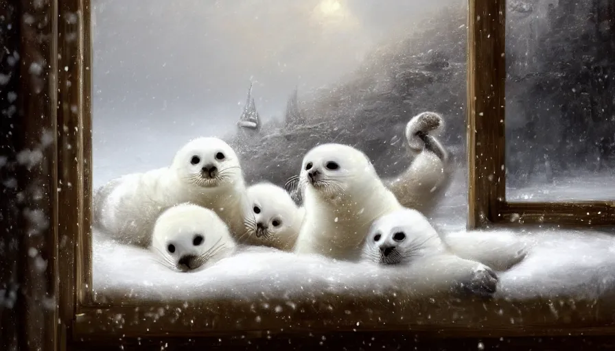 Image similar to highly detailed painting of cute furry white baby seals cuddled up in a cardboard box in a snowy cloudy sky castle by william turner, by greg rutkowski, by william constable, by greg tocchini, thick brush strokes and visible paint layers, 4 k resolution, retrowave colour scheme