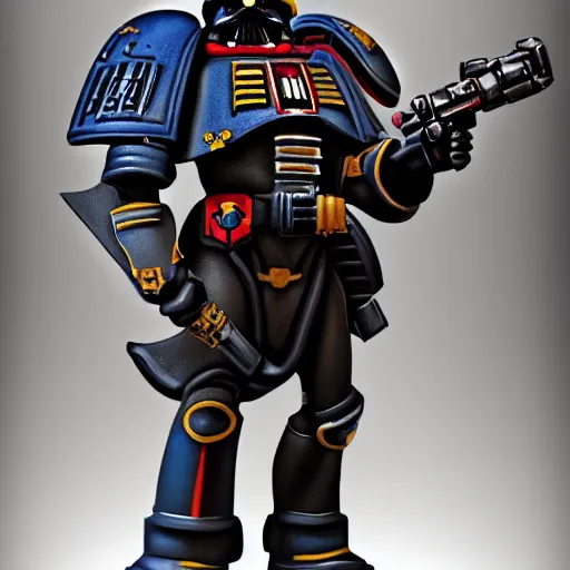 Image similar to space marine from warhammer 40000 in the style of Darth Vader from star wars, realism, depth of field, focus on darth vader,