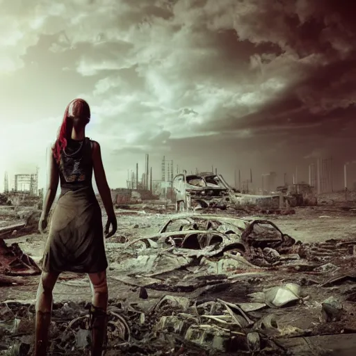 Image similar to postapocalyptic woman staring at a destroyed wasteland