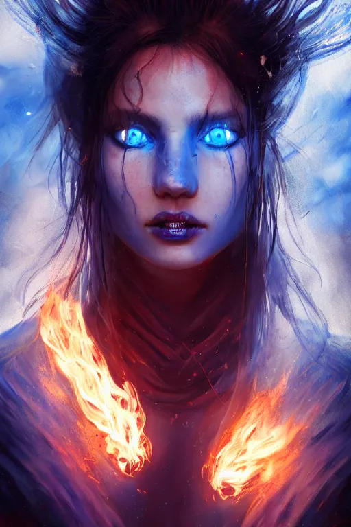 Image similar to a beautiful portrait of a young Demon women covered in blue and white flames with an intense look on her face by Greg Rutkowski, Sung Choi, Mitchell Mohrhauser, Maciej Kuciara, Johnson Ting, Maxim Verehin, Peter Konig, Bloodborne , 8k photorealistic, cinematic lighting, HD, high details, atmospheric , trending on artstation