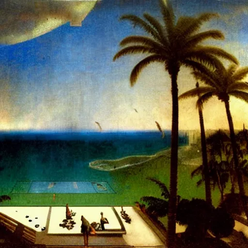 Prompt: Balustrade party, thunderstorm, greek pool, beach and palm trees on the background major arcana sky, by paul delaroche, magazine photo from 2007, hyperrealistic 8k, very detailed