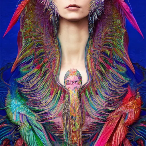 Prompt: A reality bending psychedelic ayahuasca experience, colorful, distorted, surreal, tropical bird feathers, bones and teeth necklaces, dramatic lighting on the face, intricate, elegant, highly detailed, digital painting, concept art, smooth, sharp focus, illustration, art by Krenz Cushart and Wayne Barlowe and alphonse mucha