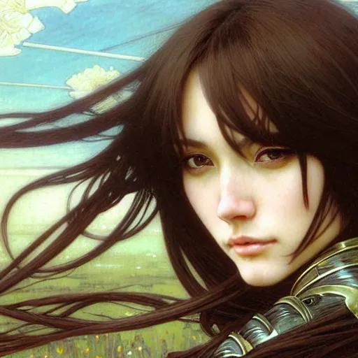 Image similar to Masterpiece head and shoulders portrait of a female Kazuto Kirigaya Kirito, young woman with brown long hair and bangs and wearing a long black coat breast-armor showing through, face, fantasy, intricate, elegant, highly detailed drawn by Donato Giancola and Fernanda Suarez and Artem Demura, face by Artgerm and Edmund Leighton, Alphonse Mucha, background by James Jean and Gustav Klimt, 4k, porcelain skin, komorebi, french nouveau, trending on pixiv, octane render, hyperrealistic
