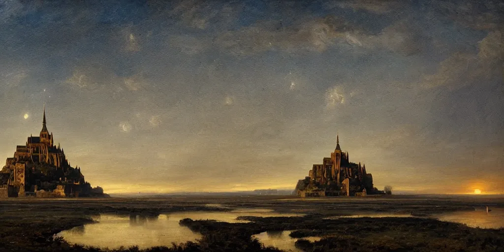 Image similar to masterpiece oil painting portraying mont saint michel in the style of romanticism landscape painters with a tree on the foreground,beautiful,misty,night sky,evocative,reflection in the water