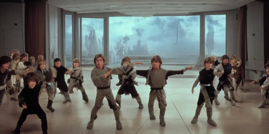 Image similar to A full color still of Mark Hamill as Jedi Master Luke Skywalker training a room full of young Jedi padawans, with large windows showing a sci-fi city outside, at dusk at golden hour, from Star Wars, directed by Steven Spielberg, 1990