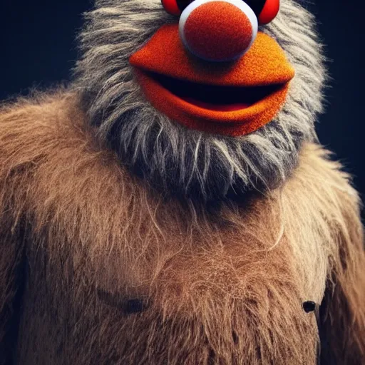 Image similar to a still of a forgotten muppet character looking very manly and modern, hilarious, laughing, hairy chest, huge chin, manly monster tough guy, roughled fur, photo real, photographic, photograph, artstation, trending, featured