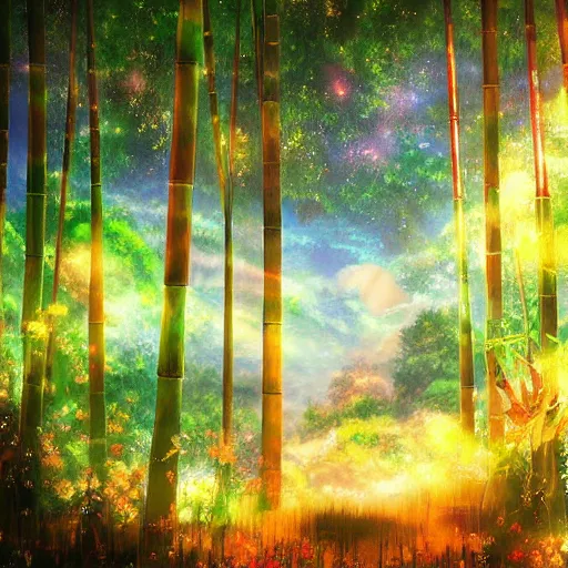 Image similar to a heavenly dream view from the interior of my cozy bamboo forest dream world filled with color from a Makoto Shinkai oil on canvas inspired pixiv dreamy scenery art majestic fantasy scenery fantasy pixiv scenery art inspired by magical fantasy exterior illumination of awe and wonder