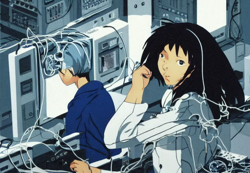 Prompt: dark skin woman wearing a white lab coat with a dark blue wolf haircut to shoulder, body connected to wires and connected to 1 9 8 0 s computers, painted by yoshitoshi abe and makoto shinkai, in the style of serial experiments lain, dynamic lighting, dark ambience, 3 5 mm, cell - shaded, detailed face