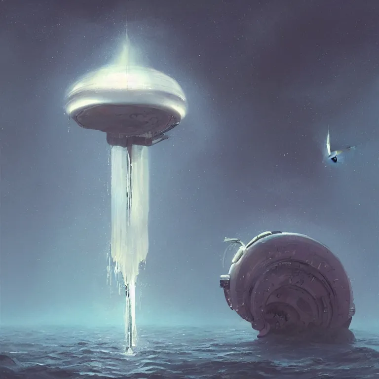 Image similar to round mechanical spaceship nautilus dripping wet emerging from a the ocean, launching to space, big booster rocket engines, sci - fi concept art, by john harris, by simon stalenhag, stunning, award winning