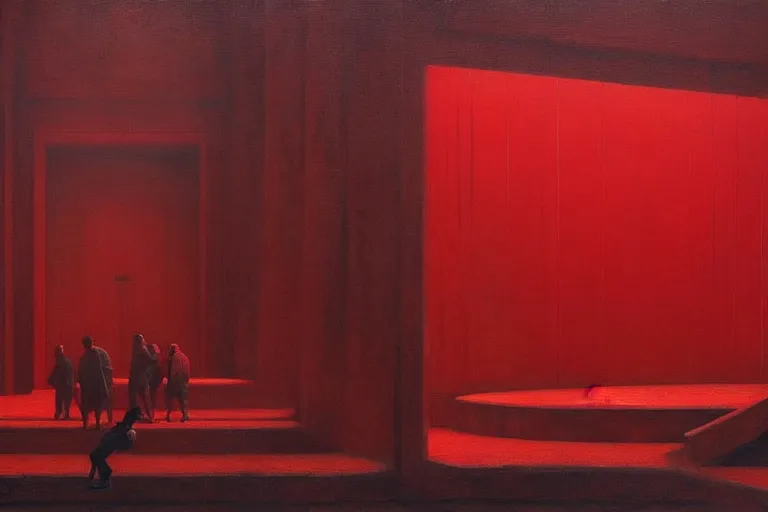 Image similar to only with red, crowd screaming, an exposed painting in a roman theater, in the style of beksinski, parts by edward hopper, parts by rodcenko, parts by yue minjun, intricate and epic composition, red by caravaggio, insanely quality, highly detailed, masterpiece, red light, artstation, 4 k