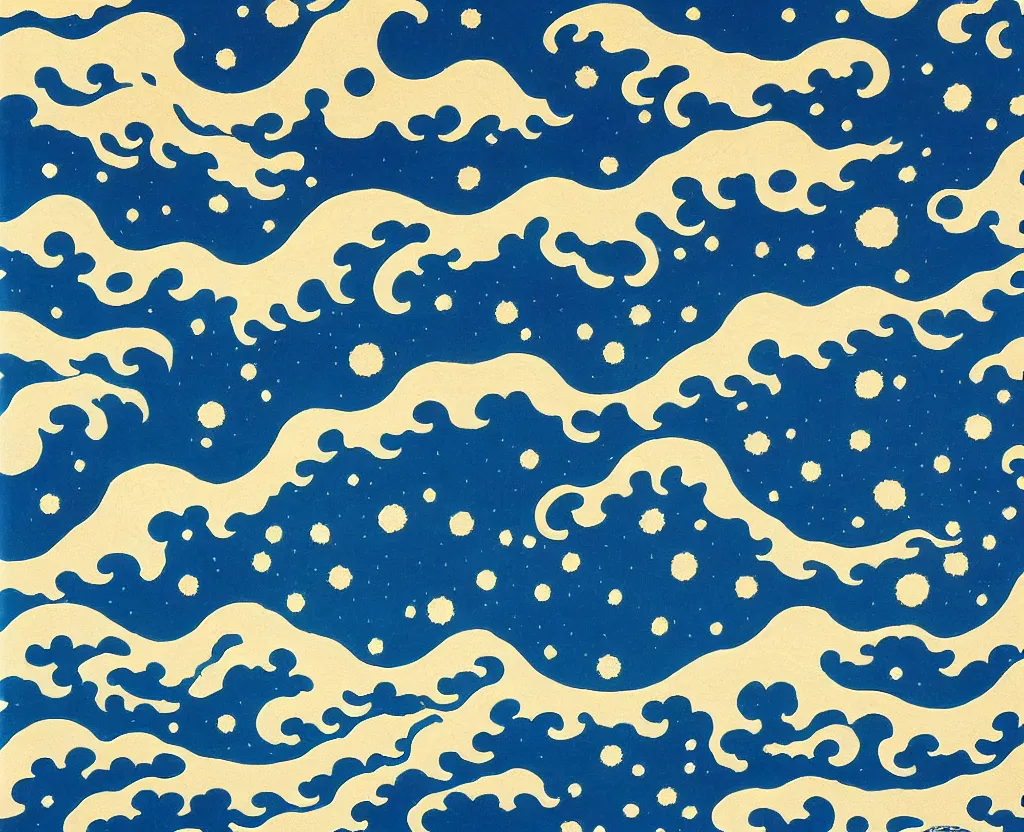 Image similar to dream waves on the starfields by katsushika hokusai and yayoi kusama