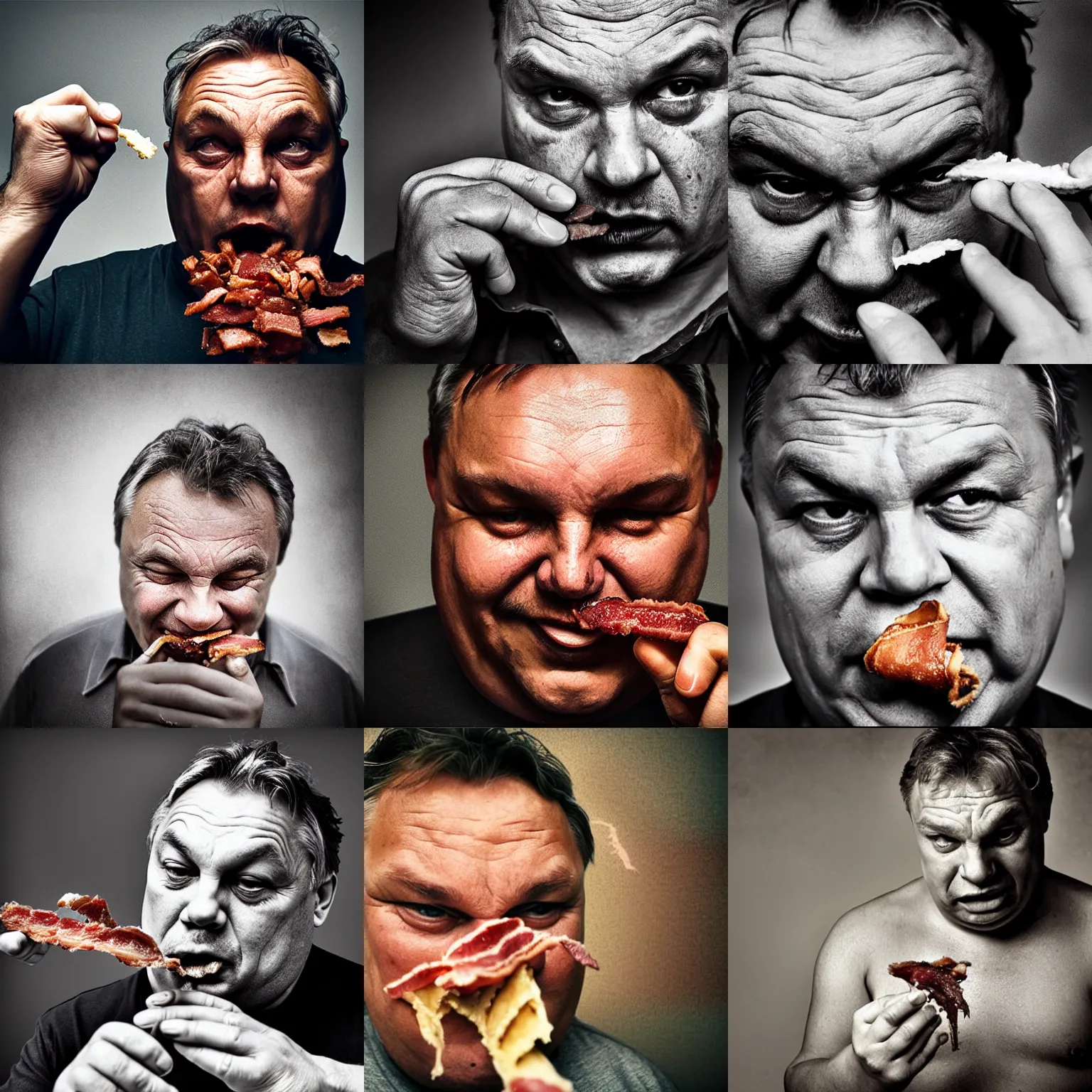 Prompt: photo of fat viktor orban eating a piece of bacon by lee jeffries