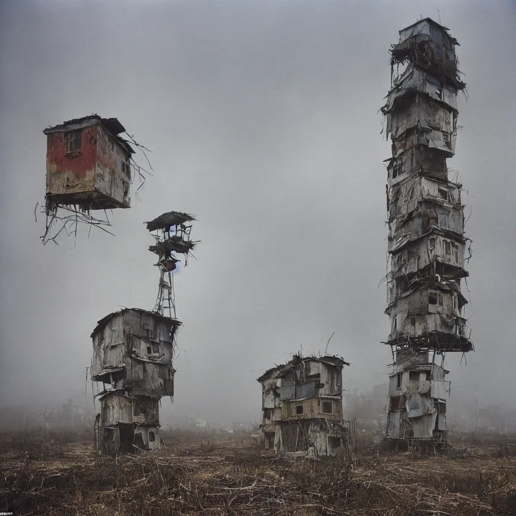 Image similar to close - up view of a tower made up of makeshift squatter shacks with faded colours, moody cloudy sky, uneven fog, dystopia, mamiya, fully frontal view, very detailed, photographed by bruno barbey