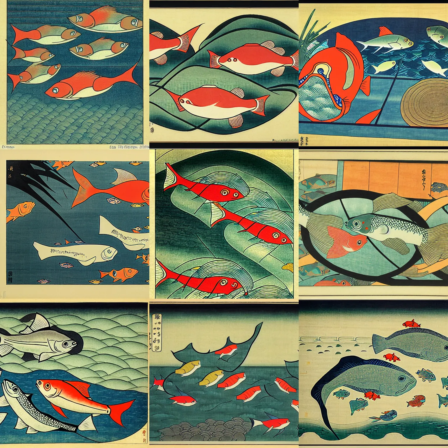Prompt: fishes swimming in a dashboard with time series charts, pie plots and other graphics. diego rivera ( in ukiyo - e style )