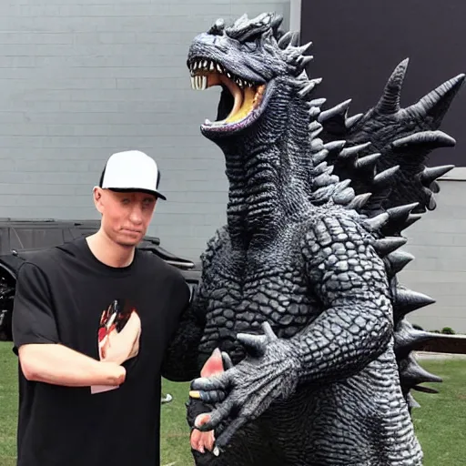 Prompt: Eminem shaking hands with Godzilla in Detroit, photograph