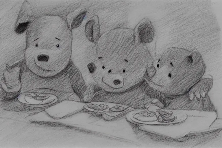 Image similar to winnie the pooh and piglet eating a bacon sandwich, pencil sketch, high detail, hyper realistic,