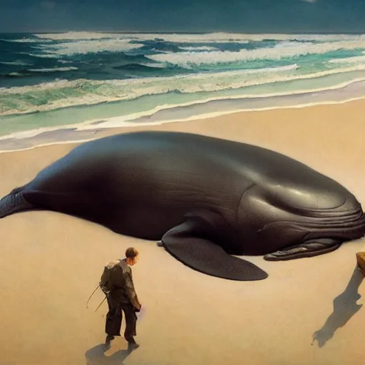 Prompt: sargent and leyendecker and greg hildebrandt, portrait of a beached whale in the world of andrew wyeth, stephen bliss, unreal engine, fantasy art by greg rutkowski, loish, rhads, ferdinand knab, makoto shinkai, ilya kuvshinov, rossdraws, global illumination, radiant light, detailed and intricate environment