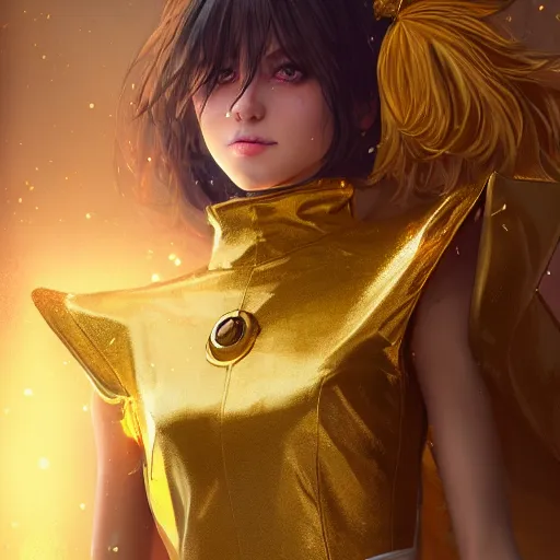 Prompt: a magical girl with gold magical suit, digital art, 8 k resolution, unreal engine, highly detailed, pretty face, very beautiful face, mystical atmosphere, trending on artstation, greg rutkowski