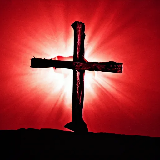 Prompt: photograph of a crown of thorns, dramatic lighting, red hues, silhouette of a cross, award winning photography, DSLR, wallpaper