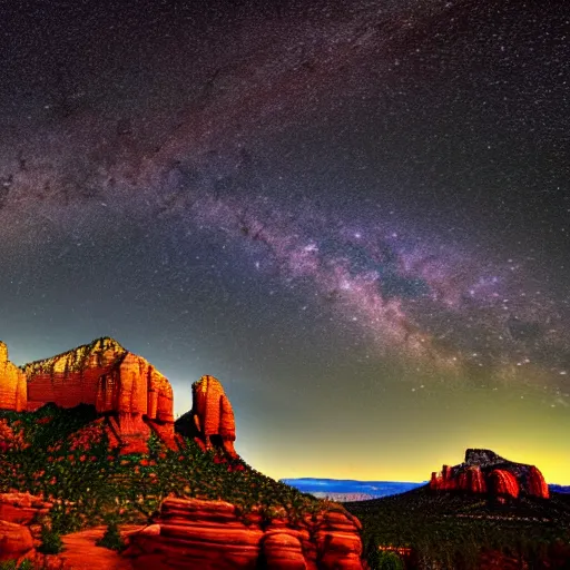 Prompt: sedona's cathedral rock bluff, night, milky way, intricate lines, elegant, extreme detail, sharp focus, photo realistic, ultra realistic, photographic, style by rembrandt