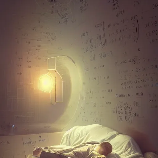 Prompt: A mathematician sleeping in his bed finds the source of his ideas in a dream, numbers float around with lots of symbols, digital art, cinematic lighting rendered by octane, 8k, detailed, intricate, clean and textures, trending on artstation, treanding on deviantart, trending on cgsociety, pinterest