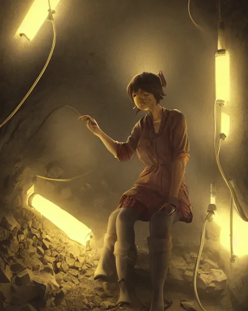 Prompt: a coalminer woman covered in coal dust in a mine lit by kerosene lamps, pioneer work, scary cave lighting, detailed face, by makoto shinkai, stanley artgerm lau, wlop, rossdraws