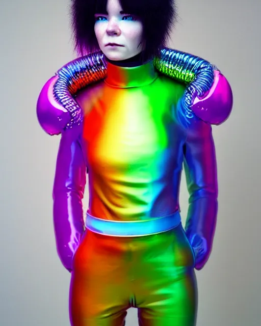 Image similar to full body shot of young punk woman dressed in futuristic cyberpunk rainbow clothing, soft light, bjork aesthetic, translucent, by rineke dijkstra and artgerm, intricate details, highly detailed, masterpiece, 8 5 mm