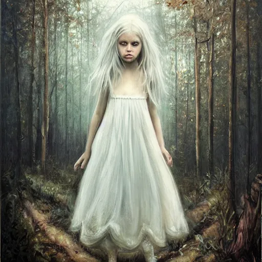 Image similar to a painting of a beautiful little girl in a white dress, white hair, bare foot, in the middle of a strange forest by Seb McKinnon