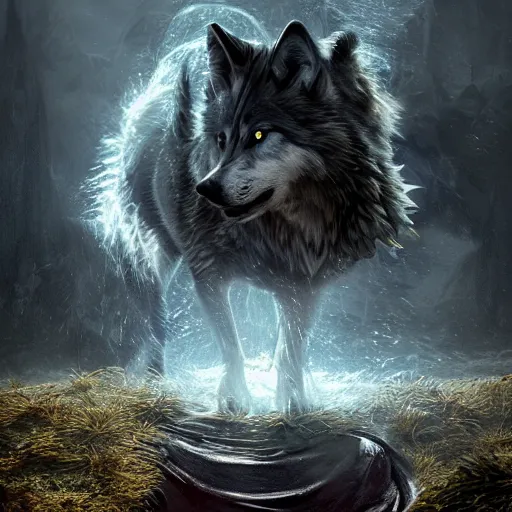 Image similar to wolf of the the dreaming realm by MICHAL KARCZ, movie poster, unreal engine, , post-processing, zbrush, substance painter, trending on ArtStation, Cinematic lighting, cinematic composition, rule of thirds , ultra-detailed, hyper realistic, render in unreal engine 5, Matte painting, movie concept art, hyper-detailed, insanely detailed, corona render, octane render, redshift render, 8k