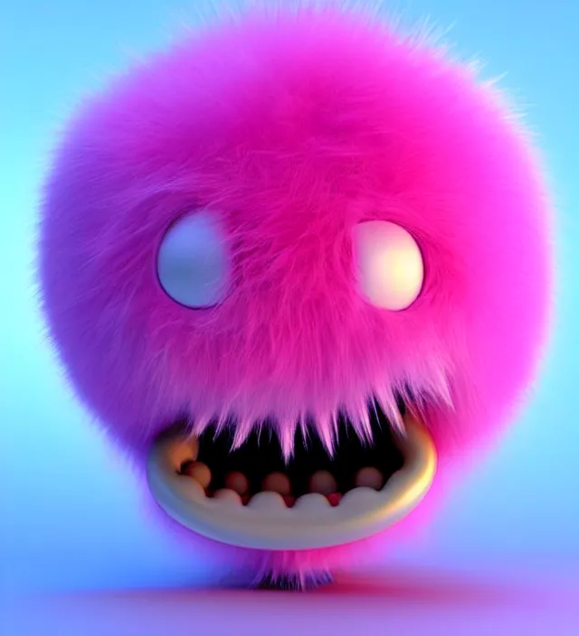 Image similar to high quality 3 d render hyperrealistic very cute big pink little spherical creature with big happy mouth an tooth, plush mascot, short spiky dense fluffy smooth hair, isometric 3 d, pink fluffy fur, 1 5 0 mm, beautiful natural soft light, rim light, smooth background, artstation, ultra detailed, elegant, ultra detailed, metallic armor, octane render