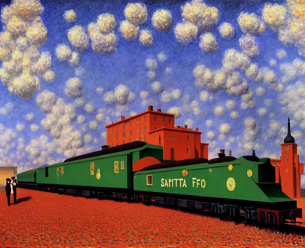 Prompt: achingly beautiful painting of santa fe chief train by rene magritte, monet, and turner.