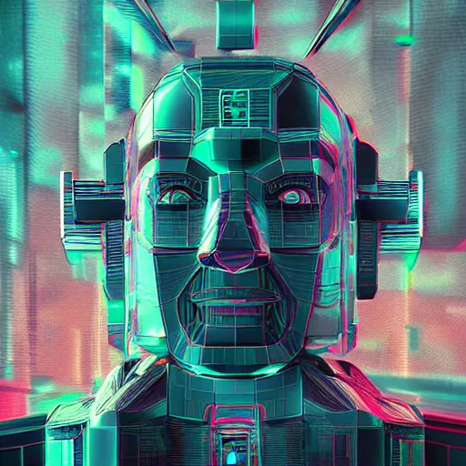 Prompt: Picasso cyberpunk album holographic cover art of a giant robot. 3D octane.